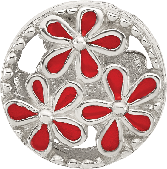 Sterling Silver Reflections Red Enameled Floral Circle Bead