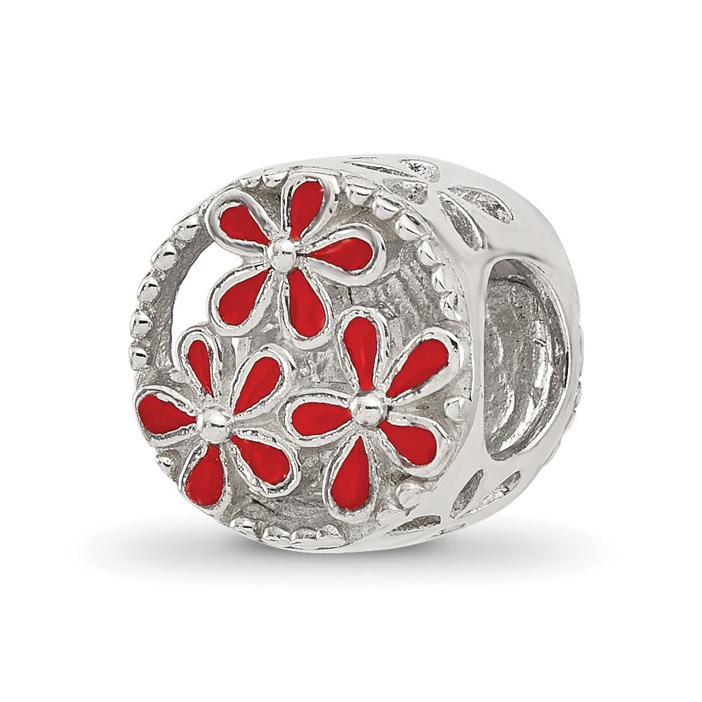 Sterling Silver Reflections Red Enameled Floral Circle Bead