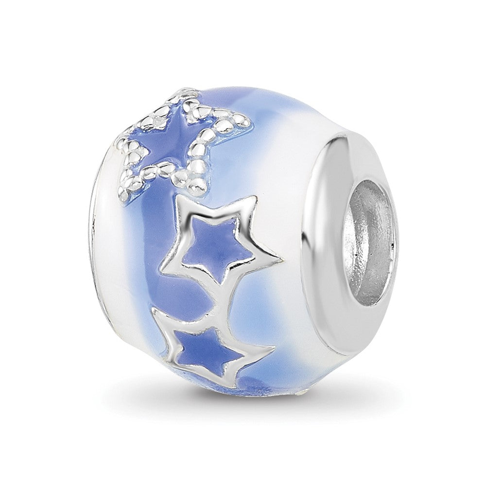 Sterling Silver Reflections Rh-plated Blue & White Enamel Stars Bead