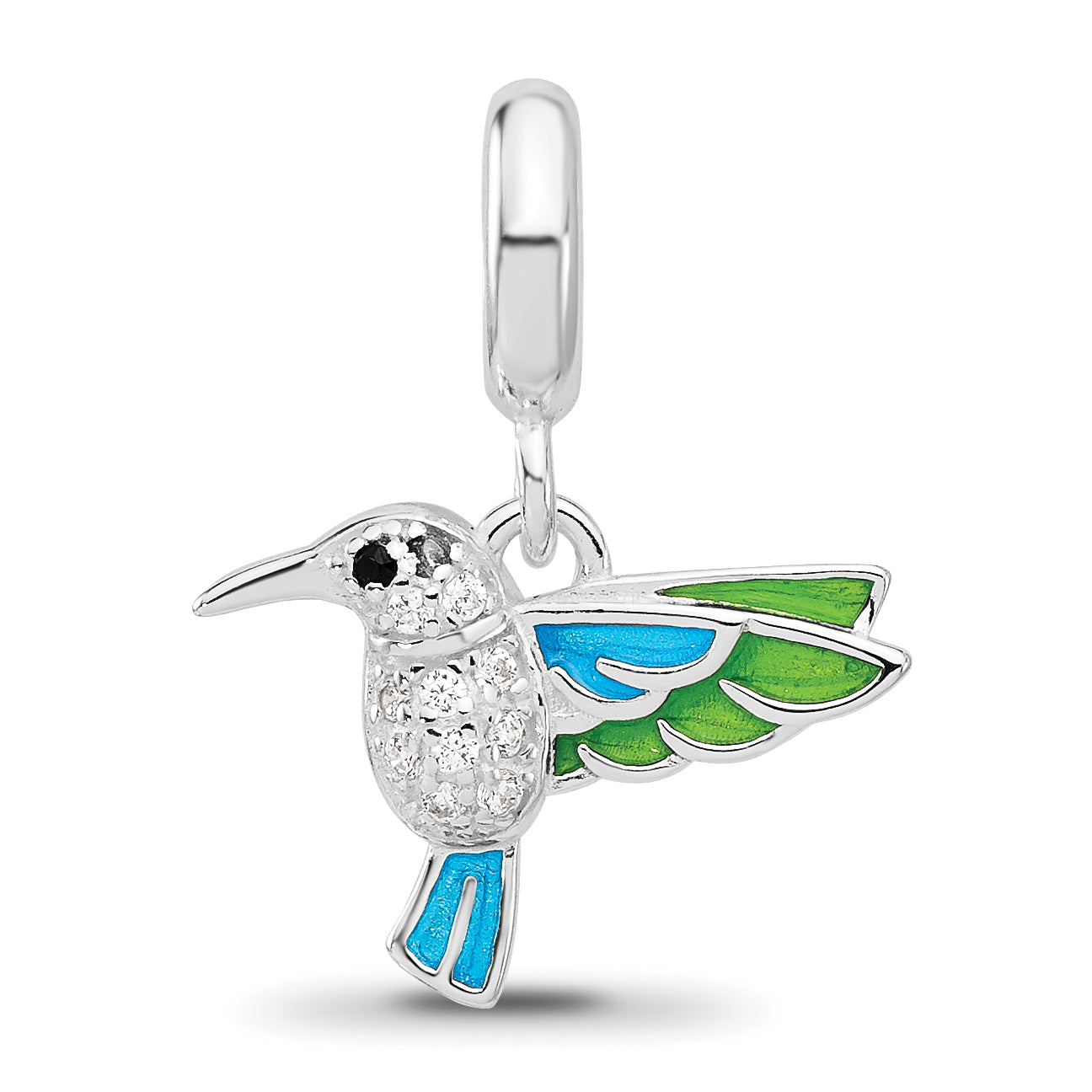 Sterling SIlver Reflections Rhodium Plated  Enamel & Cubic Zirconia Black Spinel Hummingbird Bead