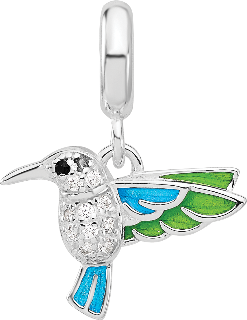 Sterling SIlver Reflections Rhodium Plated  Enamel & Cubic Zirconia Black Spinel Hummingbird Bead