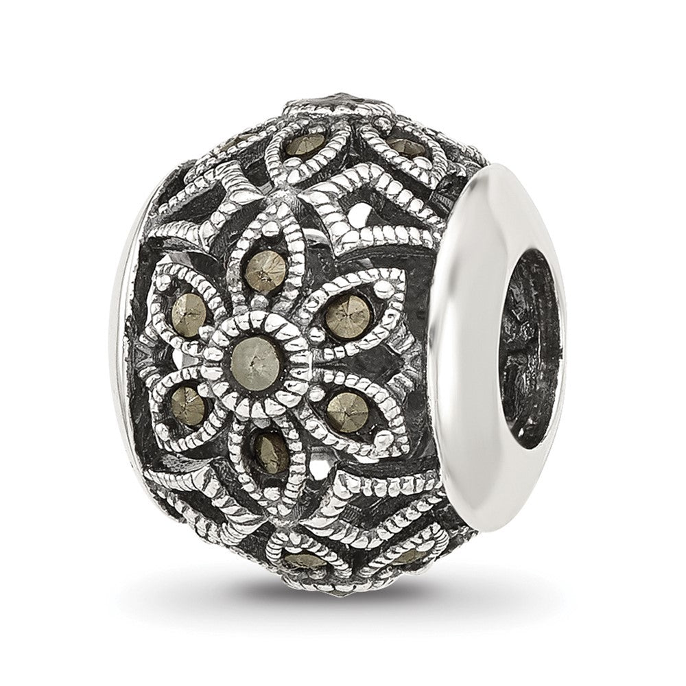 Sterling Silver Reflections Antiqued Floral Marcasite Bead