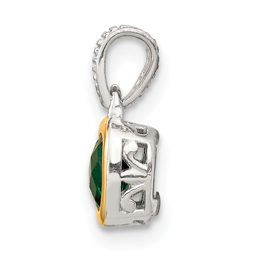 Shey Couture Sterling Silver Rhodium plated with 14k Accent Polished Cushion-cut Created Emerald Pendant