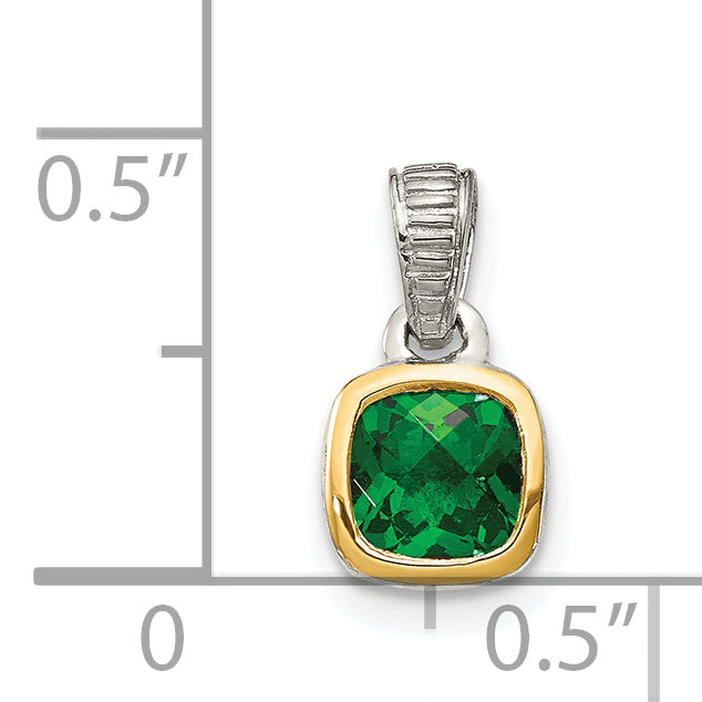 Shey Couture Sterling Silver Rhodium plated with 14k Accent Polished Cushion-cut Created Emerald Pendant