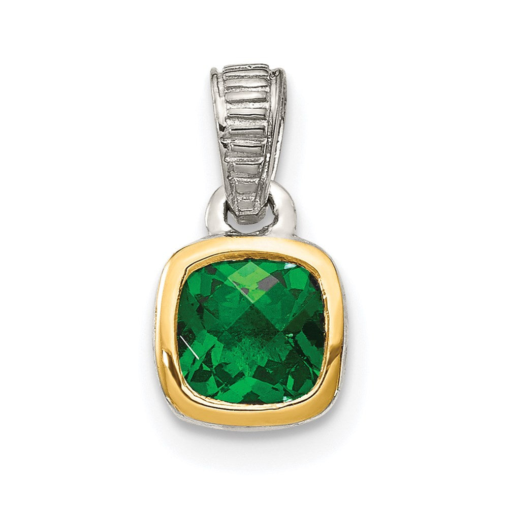 Shey Couture Sterling Silver Rhodium plated with 14k Accent Polished Cushion-cut Created Emerald Pendant