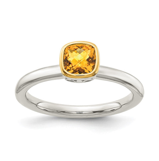 Shey Couture Sterling Silver Rhodium plated with 14k Accent Polished Cushion-cut Citrine Ring, Size 6