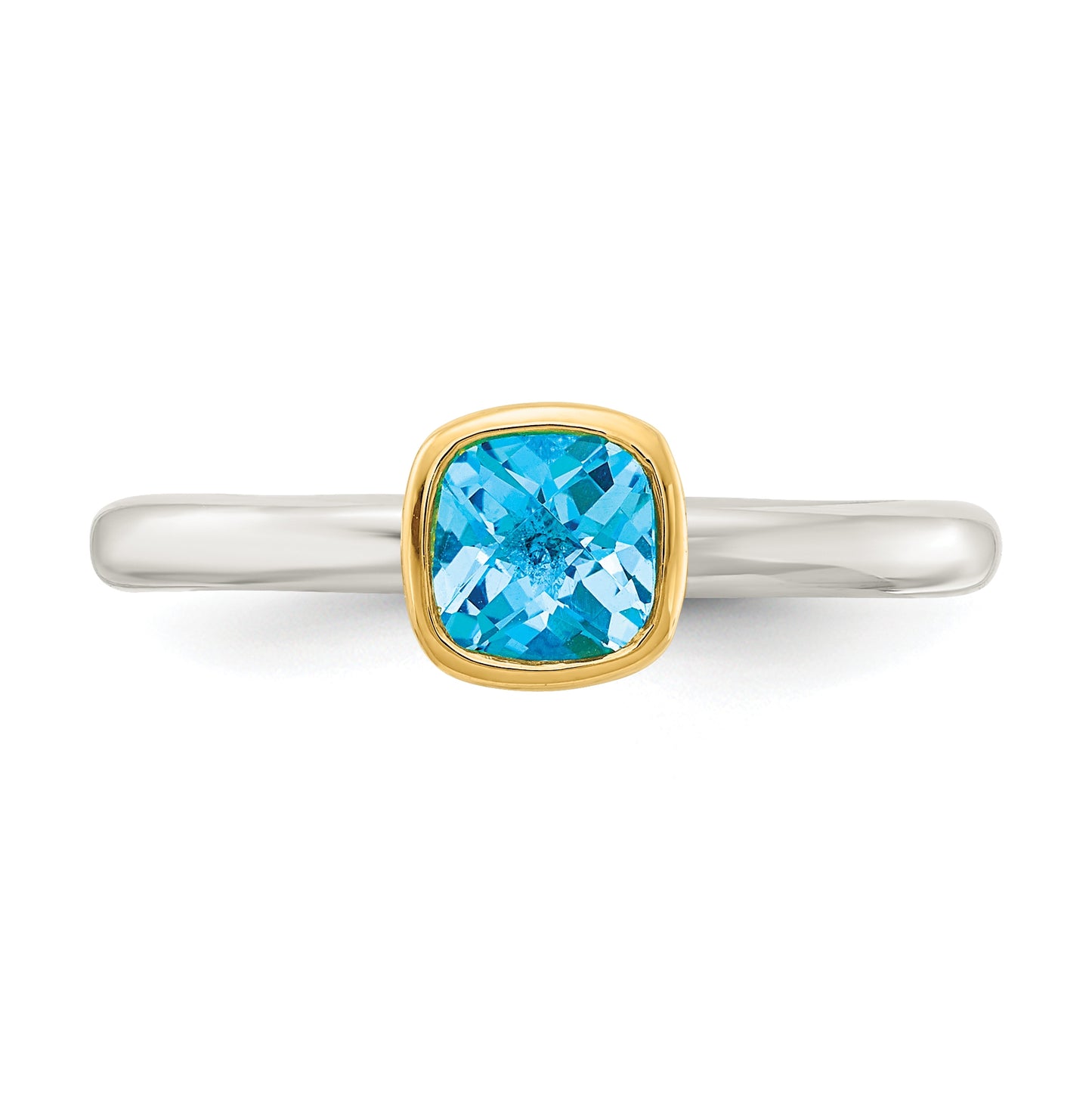 Shey Couture Sterling Silver Rhodium plated with 14k Accent Polished Cushion-cut Light Swiss Blue Topaz Ring, Size 6