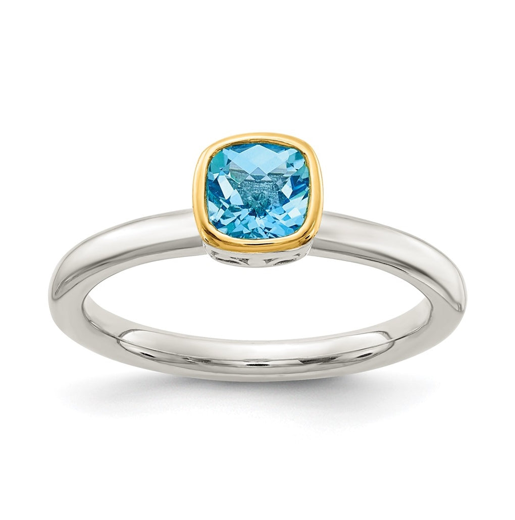 Shey Couture Sterling Silver Rhodium plated with 14k Accent Polished Cushion-cut Light Swiss Blue Topaz Ring, Size 6