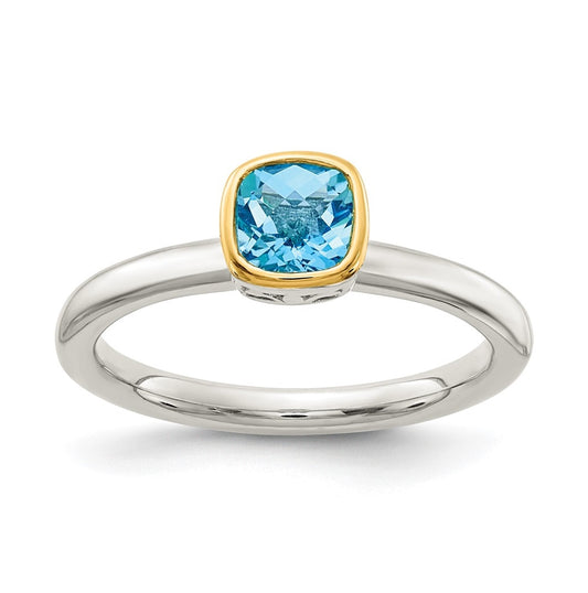 Shey Couture Sterling Silver Rhodium plated with 14k Accent Polished Cushion-cut Light Swiss Blue Topaz Ring, Size 8