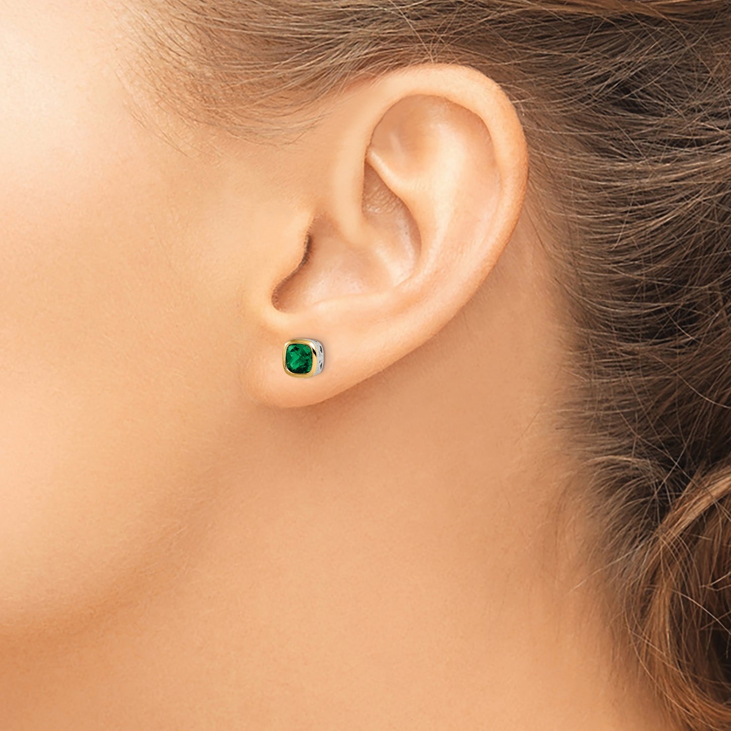 Shey Couture Sterling Silver Rhodium plated with 14k Accent Created Emerald Square Stud Earrings