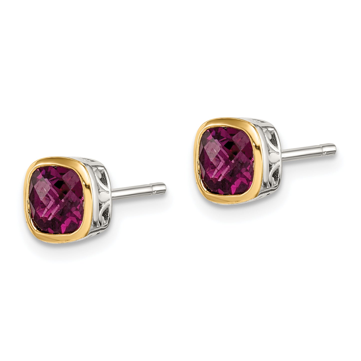 Shey Couture Sterling Silver Rhodium plated with 14k Accent Rhodolite Garnet Square Stud Earrings