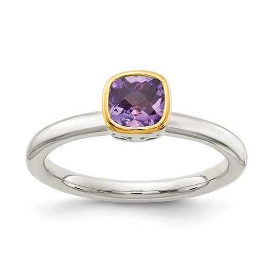 Shey Couture Sterling Silver Rhodium plated with 14K Accent Polished Cushion-cut Amethyst Ring, Size 6