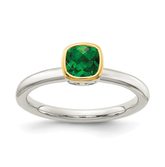 Shey Couture Sterling Silver Rhodium plated with 14K Accent Polished Cushion-cut Created Emerald Ring, Size 8