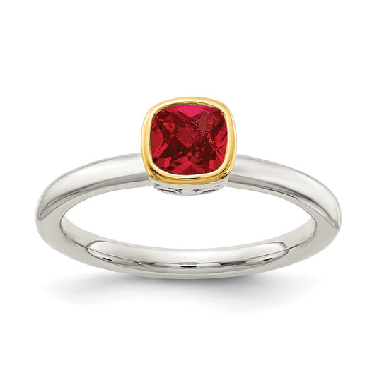 Shey Couture Sterling Silver Rhodium plated with 14K Accent Polished Cushion-cut Created Ruby Ring, Size 6