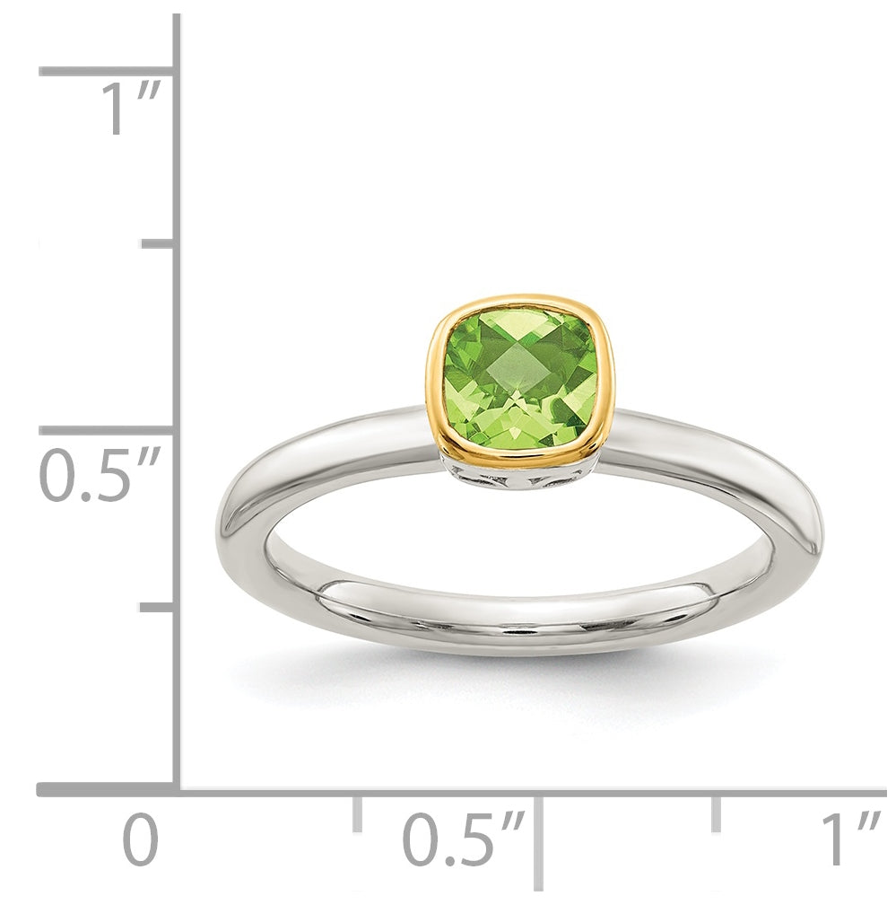 Shey Couture Sterling Silver Rhodium plated with 14K Accent Polished Cushion-cut Peridot Ring, Size 6