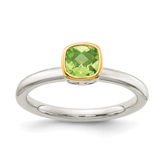 Shey Couture Sterling Silver Rhodium plated with 14K Accent Polished Cushion-cut Peridot Ring, Size 6