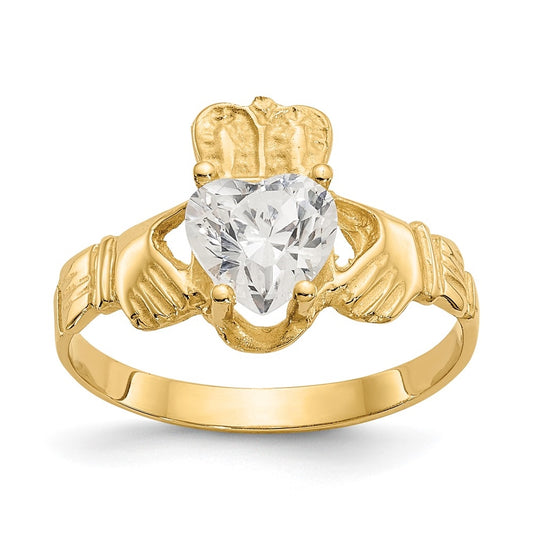 14K Yellow Gold April Cubic Zirconia Birthstone Claddagh Ring