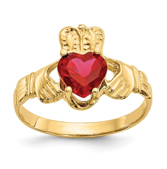 14K Yellow Gold July Cubic Zirconia Birthstone Claddagh Ring