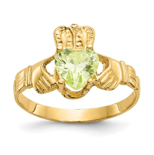 14K Yellow Gold August Cubic Zirconia Birthstone Claddagh Ring