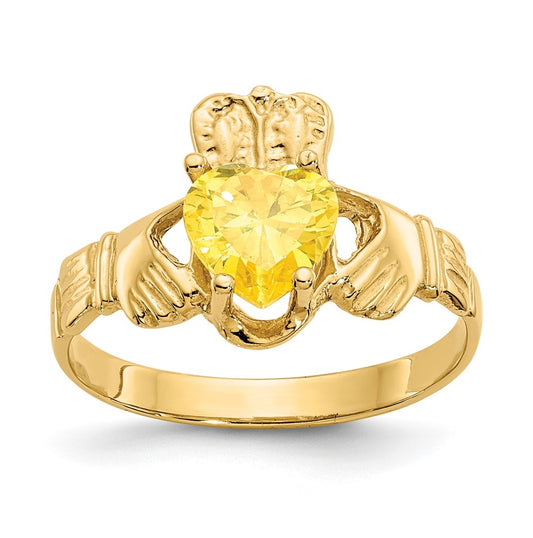 14K Yellow Gold November Cubic Zirconia Birthstone Claddagh Ring