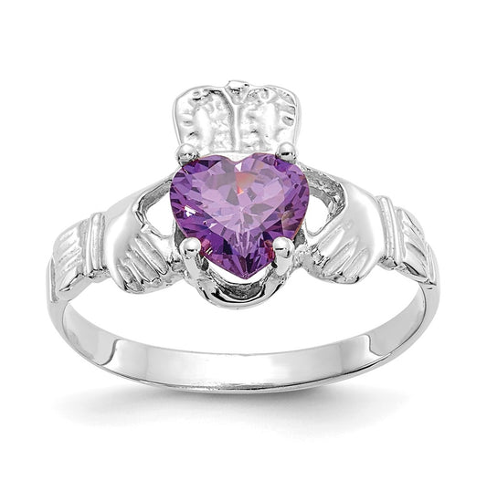 14k White Gold February Cubic Zirconia Birthstone Claddagh Ring