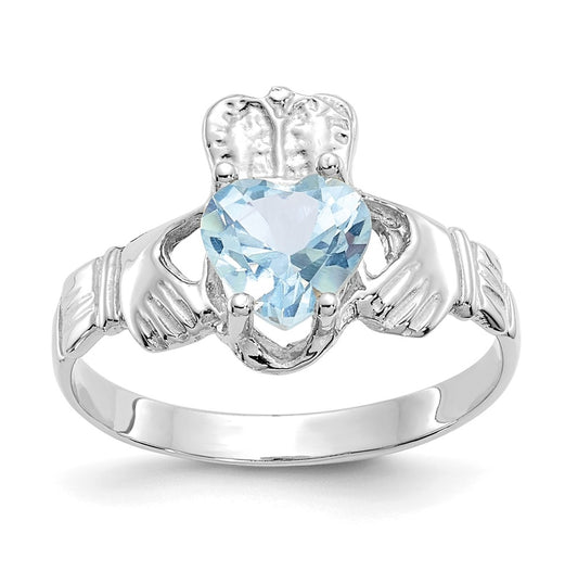 14k White Gold March Cubic Zirconia Birthstone Claddagh Ring