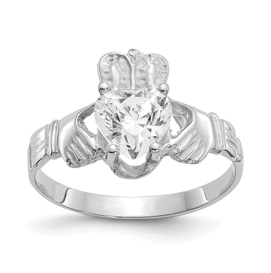 14k White Gold April Cubic Zirconia Birthstone Claddagh Ring