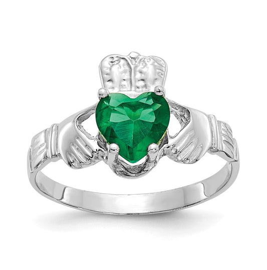 14k White Gold May Cubic Zirconia Birthstone Claddagh Ring