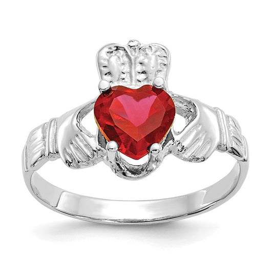 14k White Gold July Cubic Zirconia Birthstone Claddagh Ring