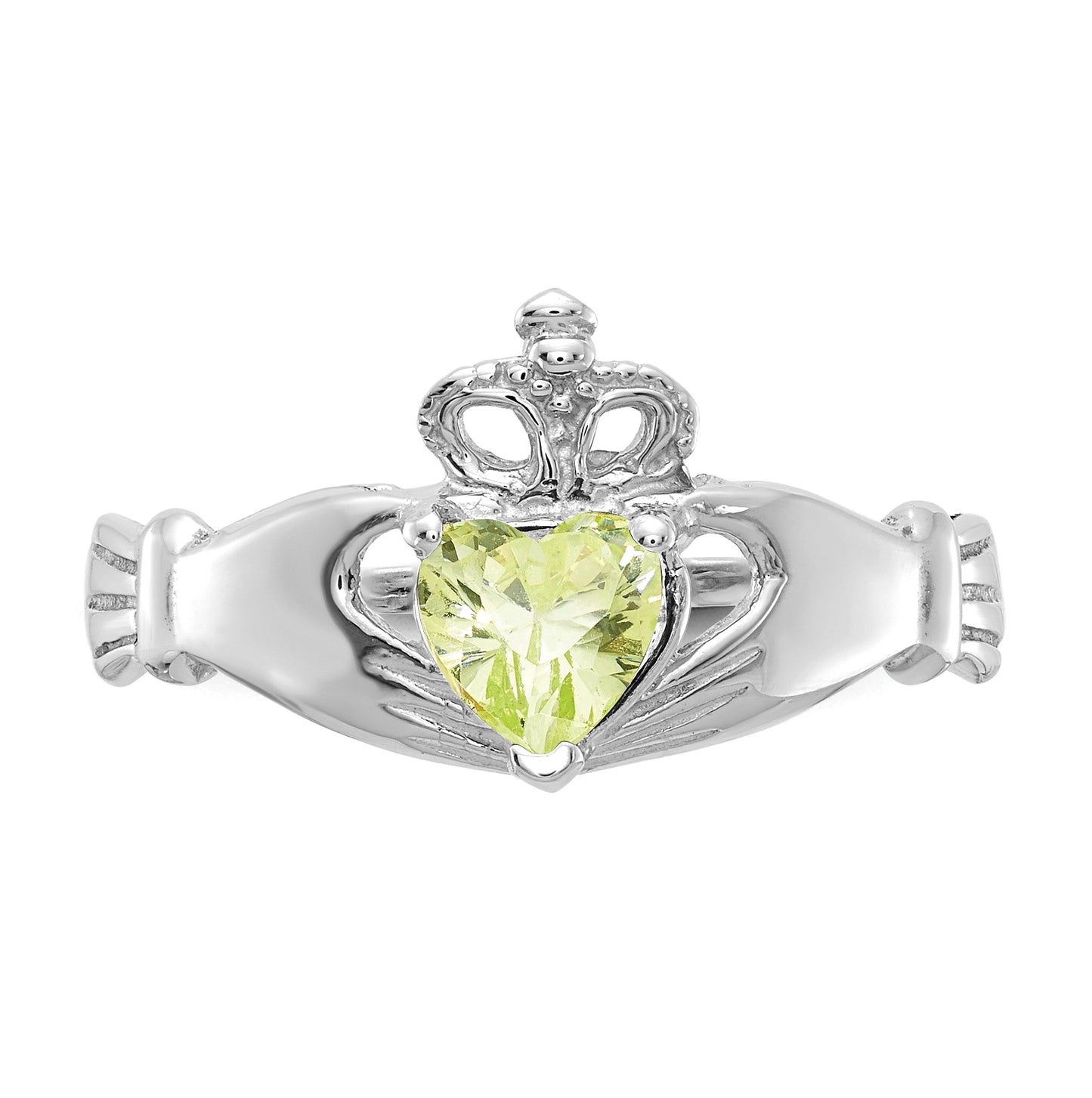 14k White Gold August Cubic Zirconia Birthstone Claddagh Ring