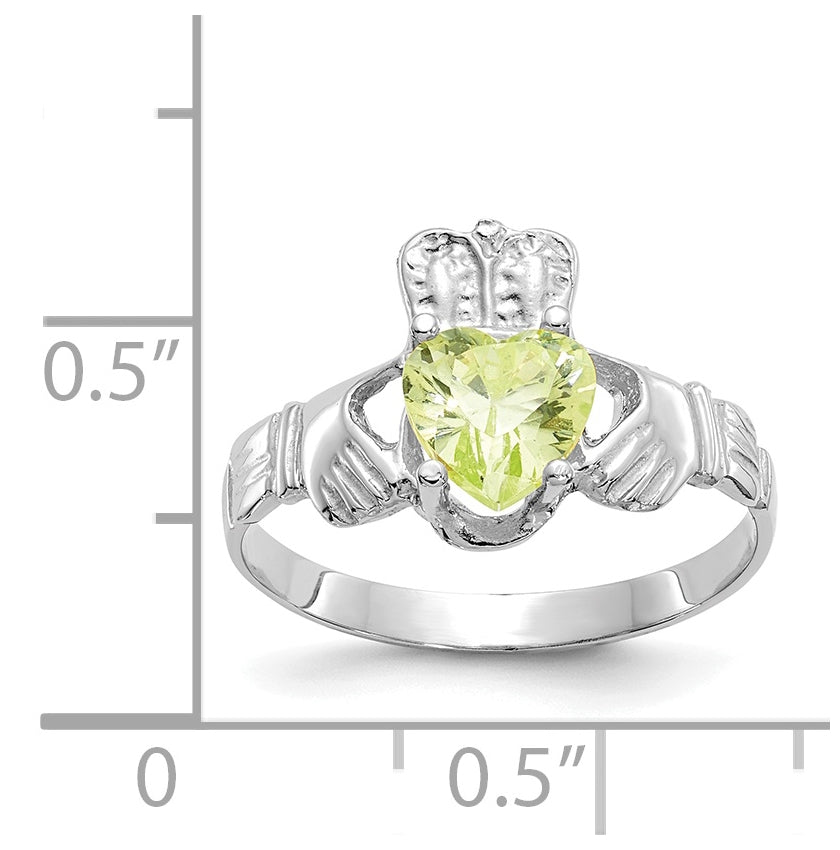 14k White Gold August Cubic Zirconia Birthstone Claddagh Ring