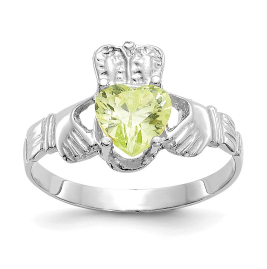 14k White Gold August Cubic Zirconia Birthstone Claddagh Ring