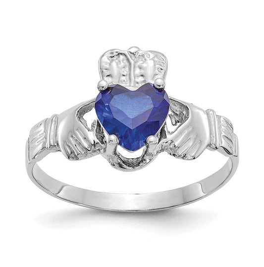 14k White Gold September Cubic Zirconia Birthstone Claddagh Ring