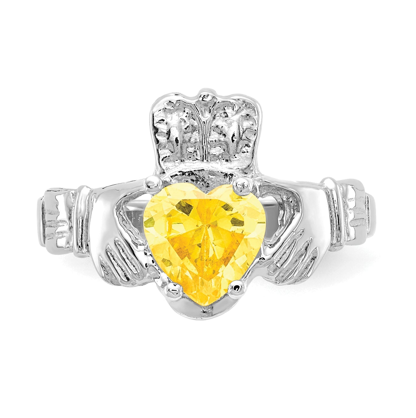 14k White Gold November Cubic Zirconia Birthstone Claddagh Ring