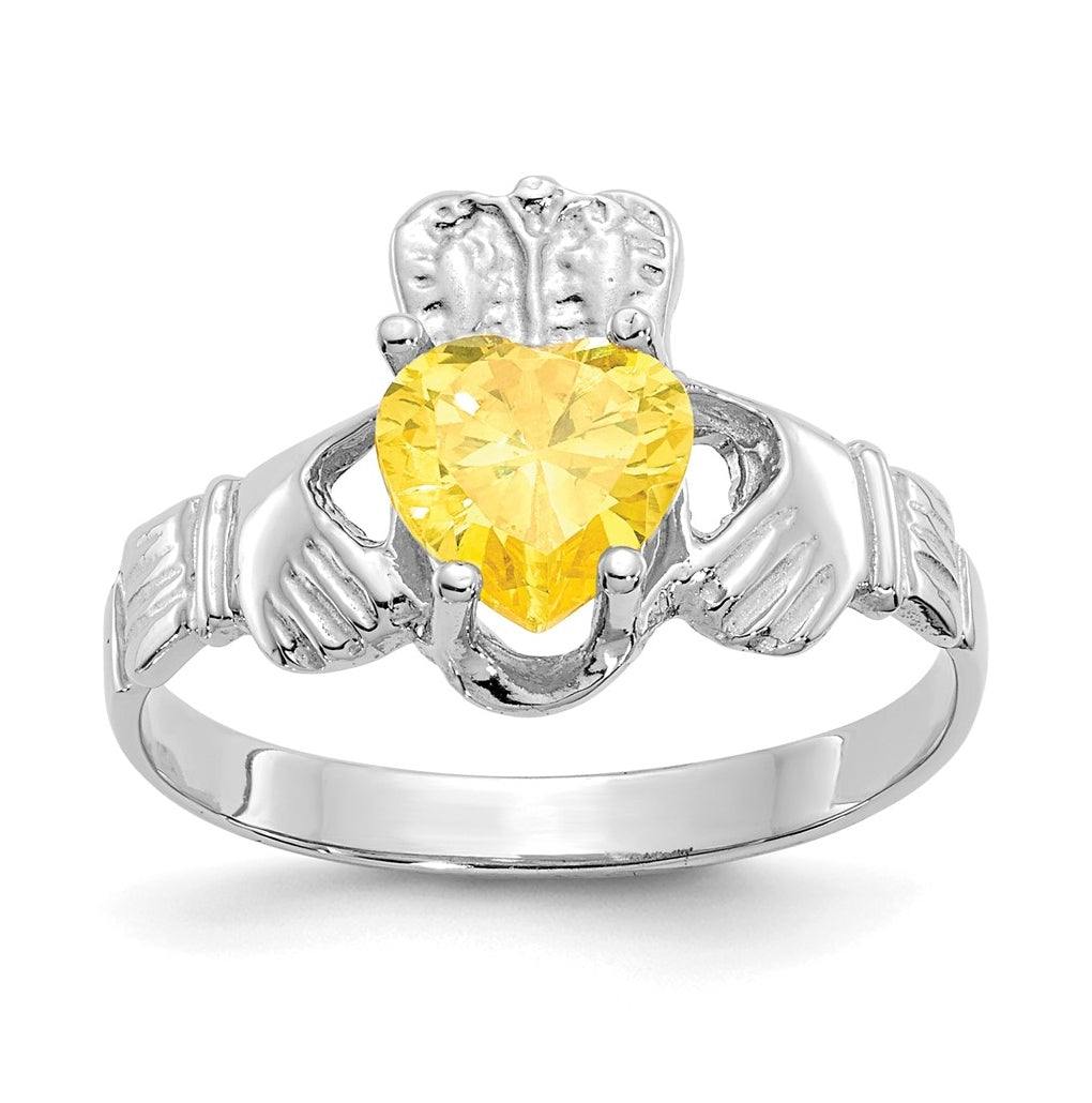 14k White Gold November Cubic Zirconia Birthstone Claddagh Ring