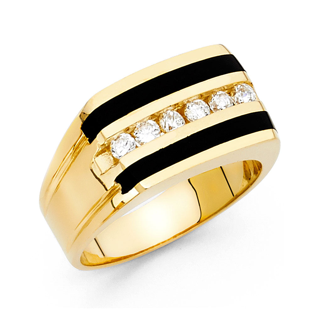 14K Yellow Gold CZ Onyx Men's Anniversary Ring