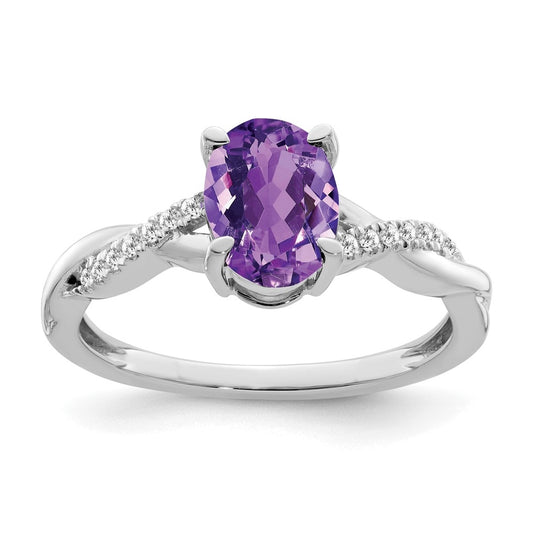 14k White Gold Oval Amethyst and Diamond Ring, Size 6