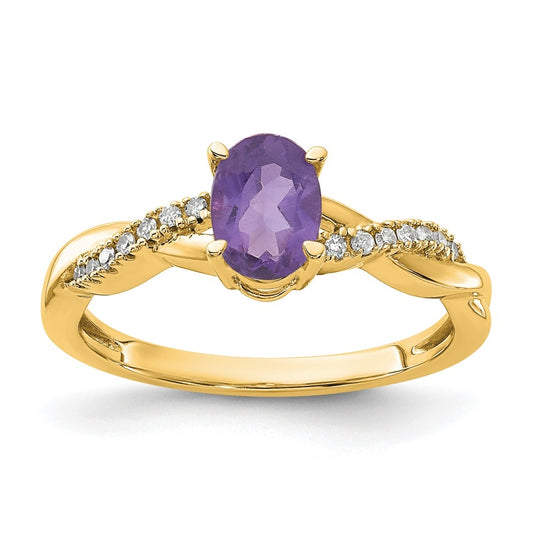 10K Yellow Gold Oval Amethyst and Diamond Ring, Size 6