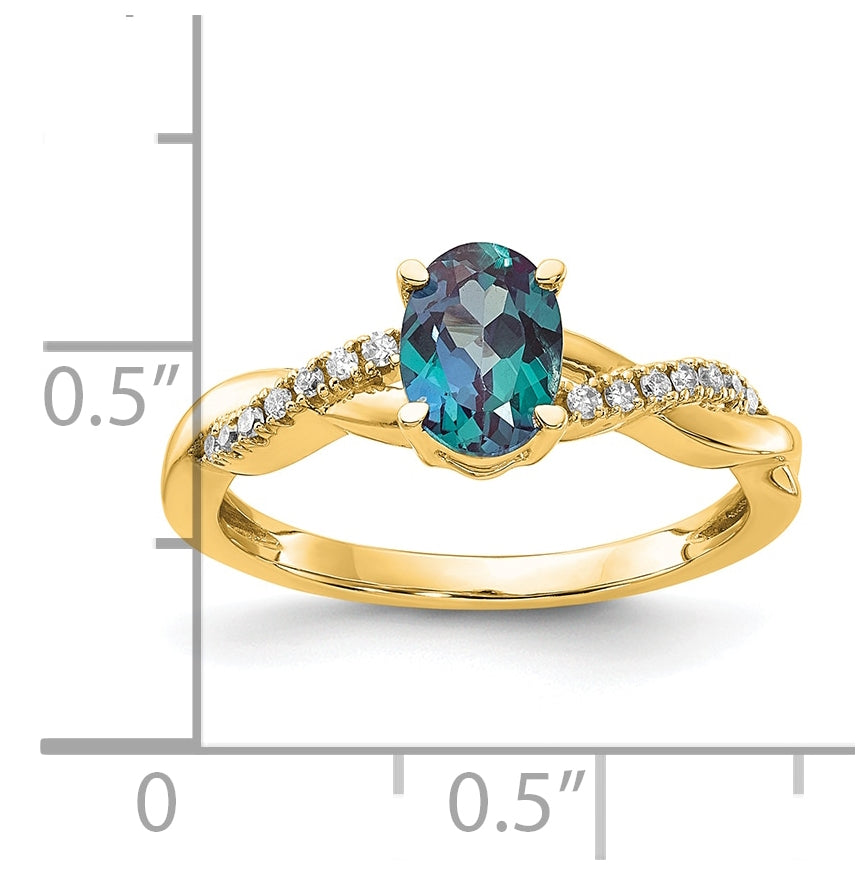 10K Yellow Gold Oval Created Alexandrite and Diamond Ring, Size 7