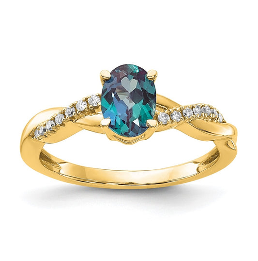 10K Yellow Gold Oval Created Alexandrite and Diamond Ring, Size 7