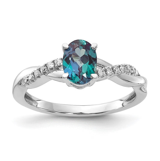 14K White Gold Oval Created Alexandrite and Diamond Ring, Size 7