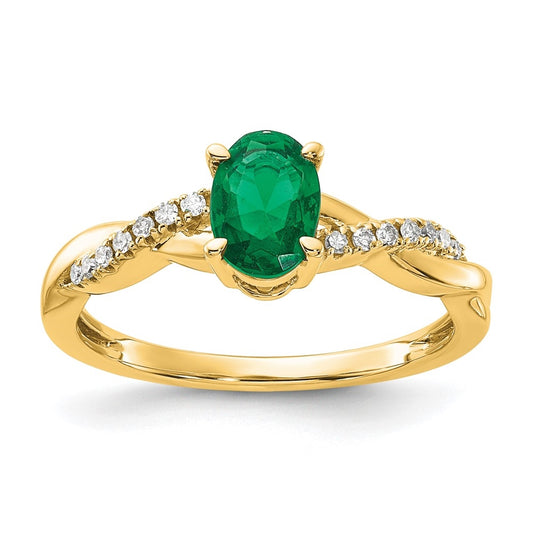 10K Yellow Gold Oval Created Emerald and Diamond Ring, Size 7