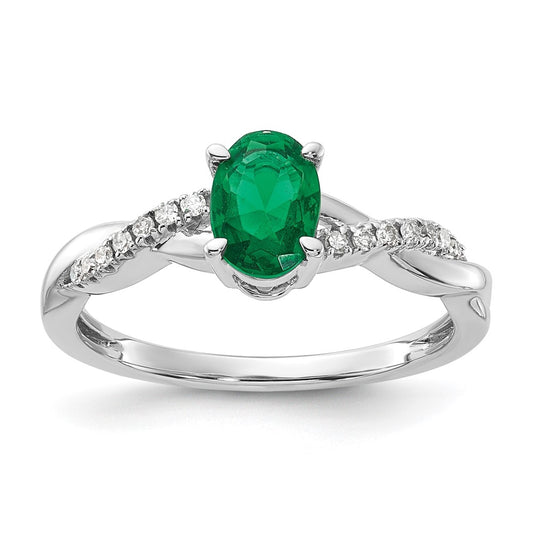 14K White Gold Oval Created Emerald and Diamond Ring, Size 7