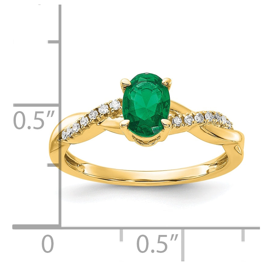 14K Yellow Gold Oval Created Emerald and Diamond Ring, Size 7