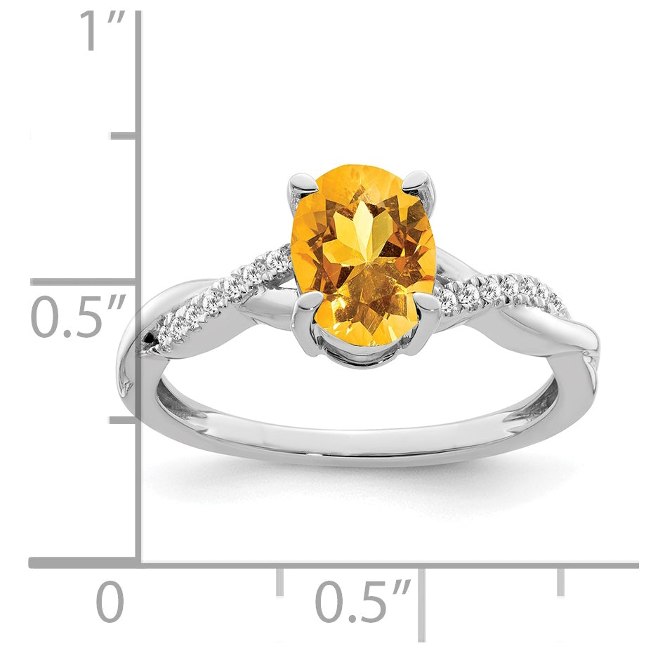 14k White Gold Oval Citrine and Diamond Ring, Size 7