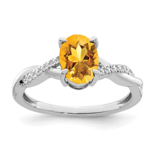 14k White Gold Oval Citrine and Diamond Ring, Size 7