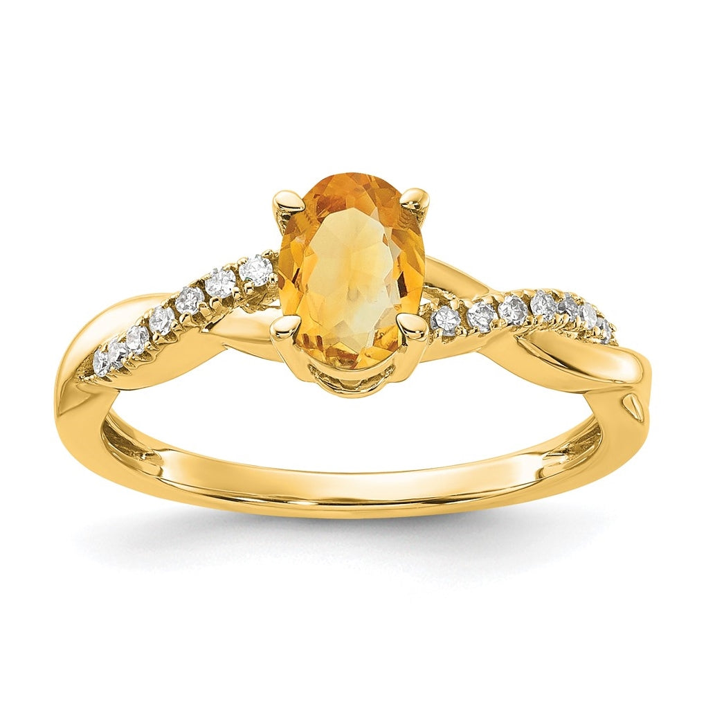 10K Yellow Gold Oval Citrine and Diamond Ring, Size 7