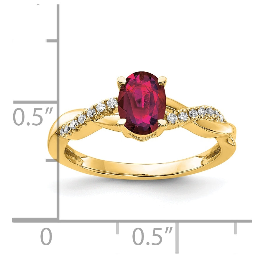 10K Yellow Gold Oval Created Ruby and Diamond Ring, Size 7