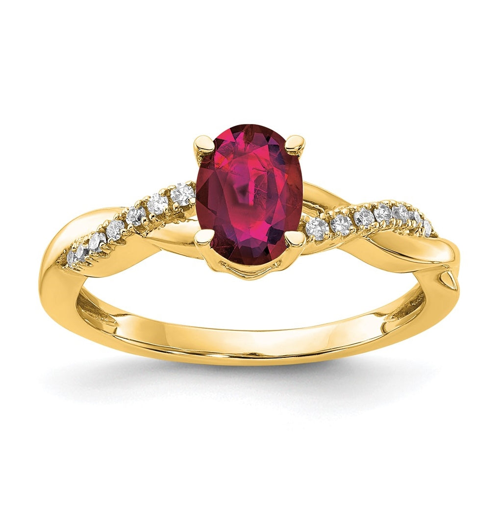 10K Yellow Gold Oval Created Ruby and Diamond Ring, Size 7