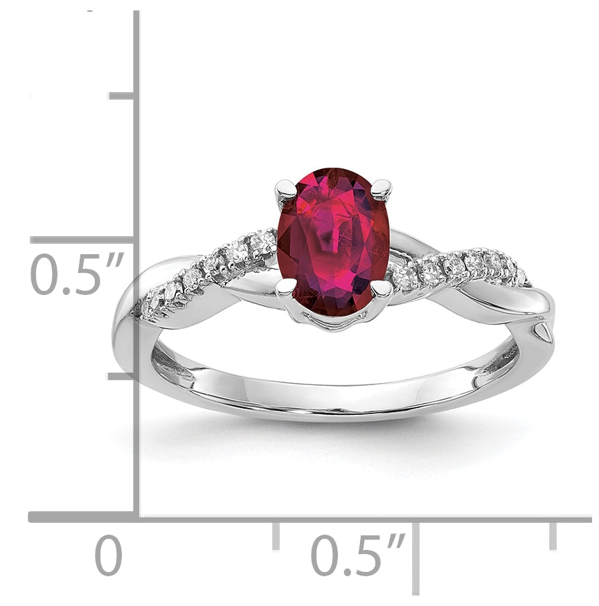 14K White Gold Oval Created Ruby and Diamond Ring, Size 7